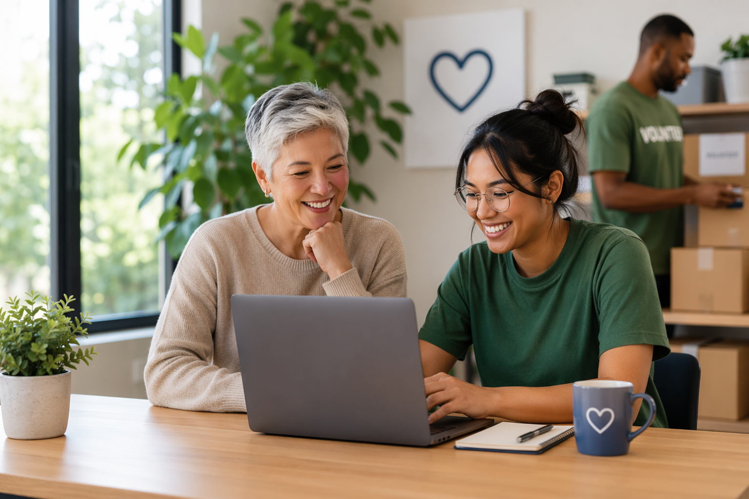 Two women smile at a laptop while a volunteer packs boxes