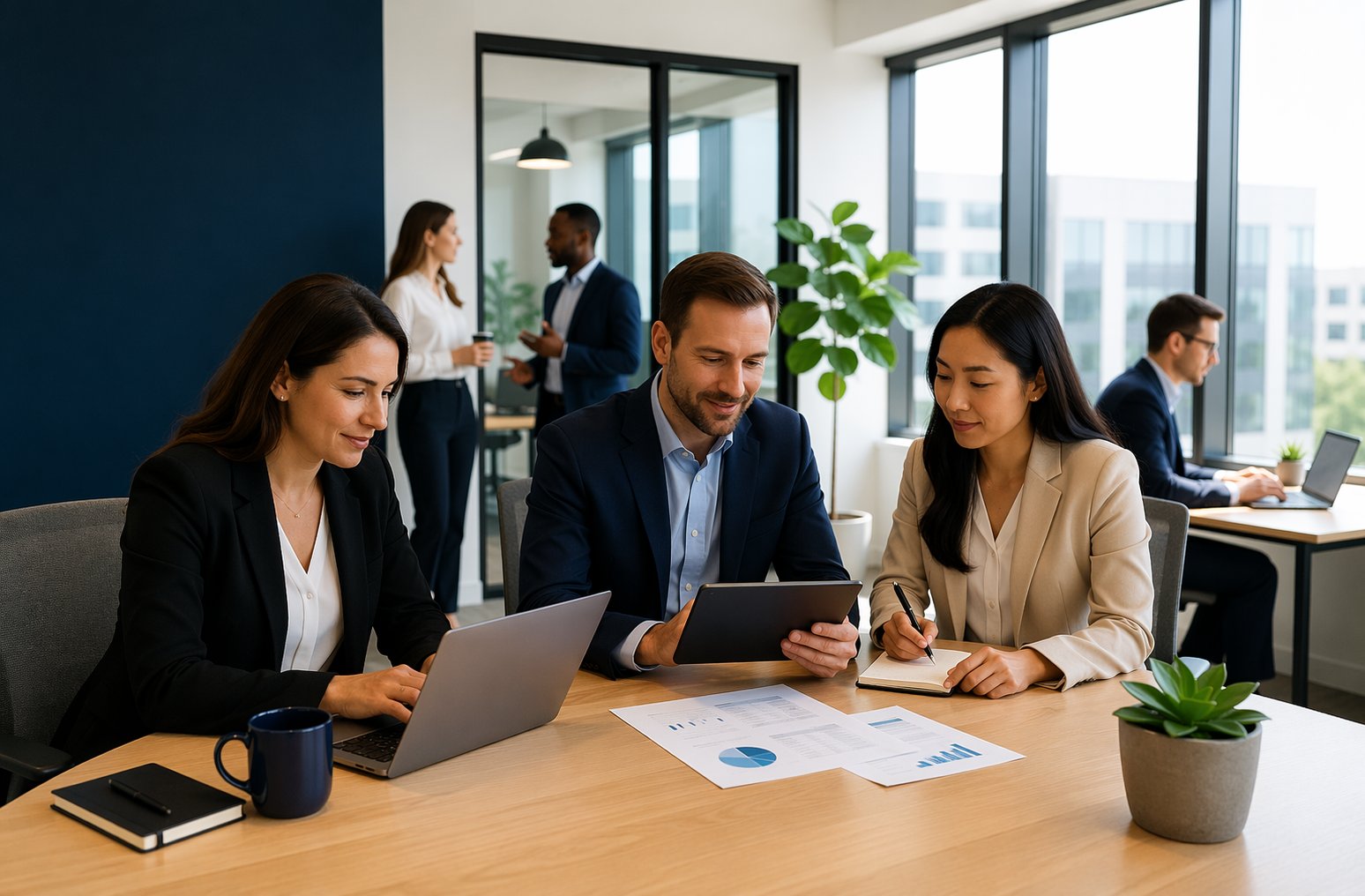 Three professionals collaborating on data at a modern office table