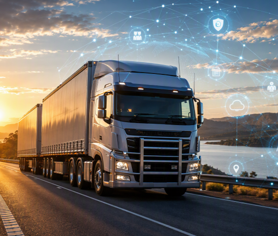 Semi truck on highway with AI logistics icons overlay